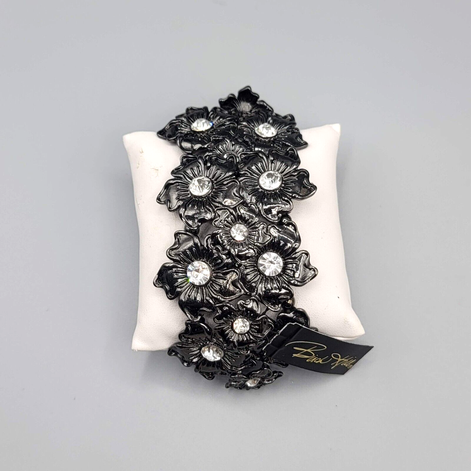Birch Hill Bracelet Black Metal Flowers Clear Rhinestones Wide Elastic