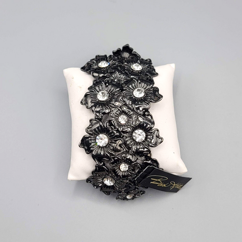 Birch Hill Bracelet Black Metal Flowers Clear Rhinestones Wide Elastic