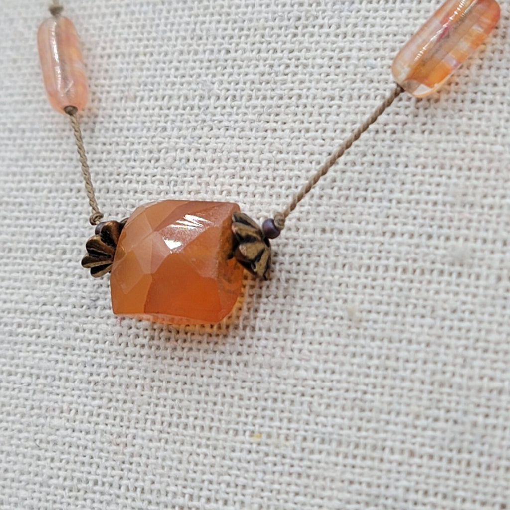 Dainty Orange Stone Necklace Hand Knotted Cord Station Copper tone Metal 17"
