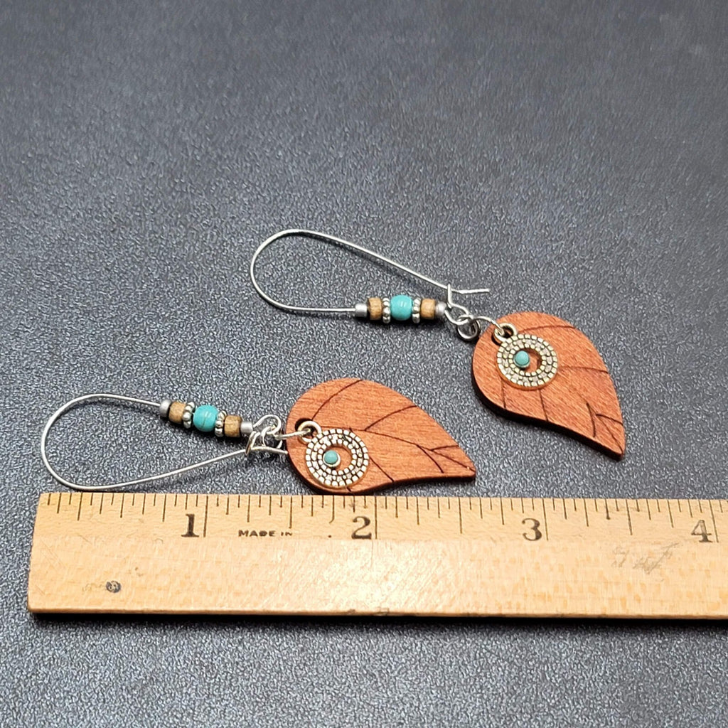 New Boho Pierced Earrings Long Hook Wood Leaf Beaded Dangle 2.75"