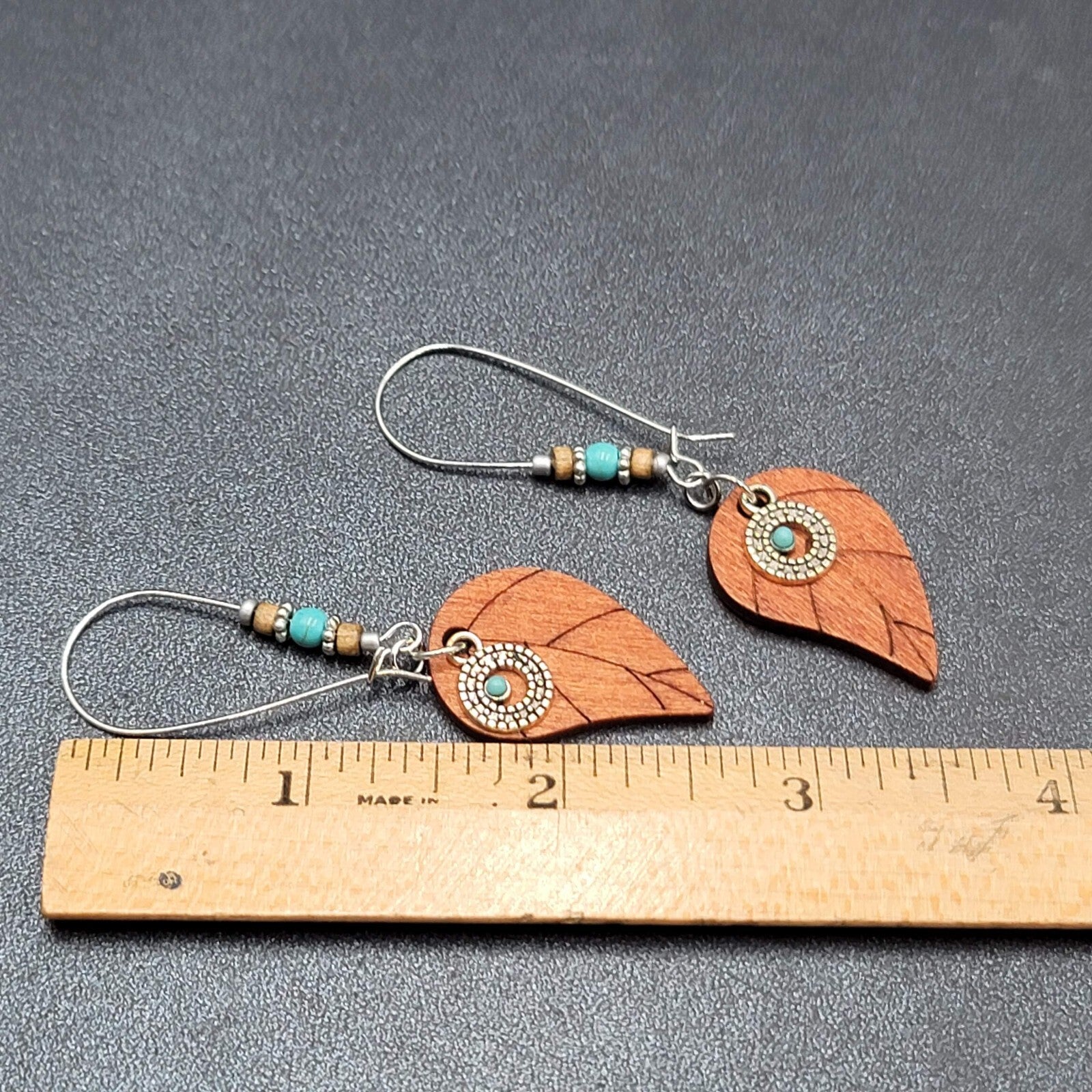 New Boho Pierced Earrings Long Hook Wood Leaf Beaded Dangle 2.75"