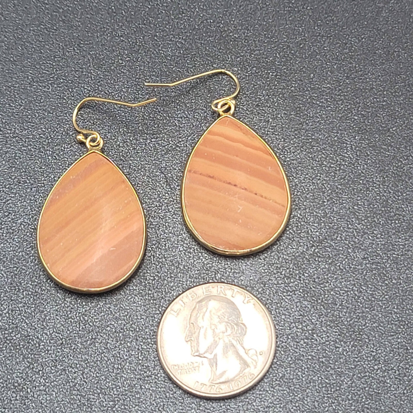 Pierced Earrings Gold tone Orange Stone Teardrop Dangle 1 3/8"