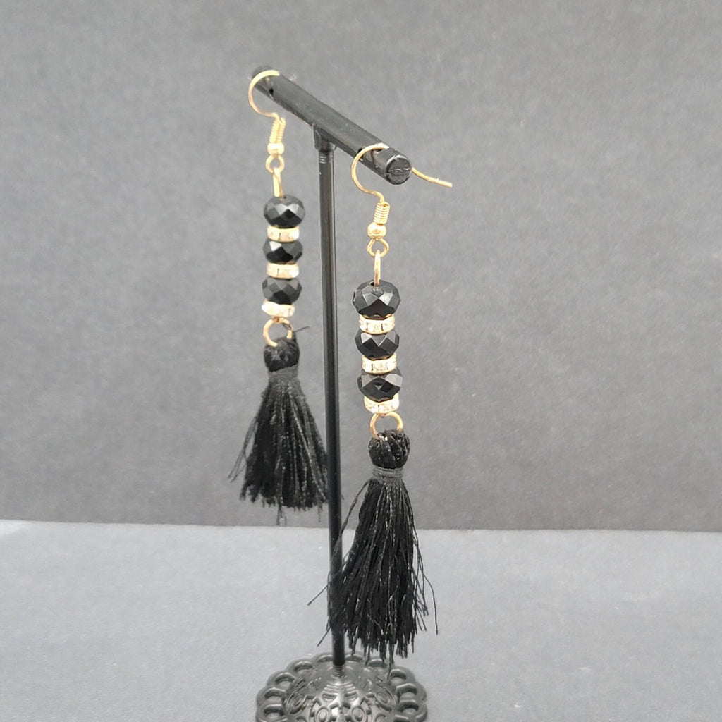 Black Tassel Pierced Earrings Gold tone Rhinestone Beads 3"