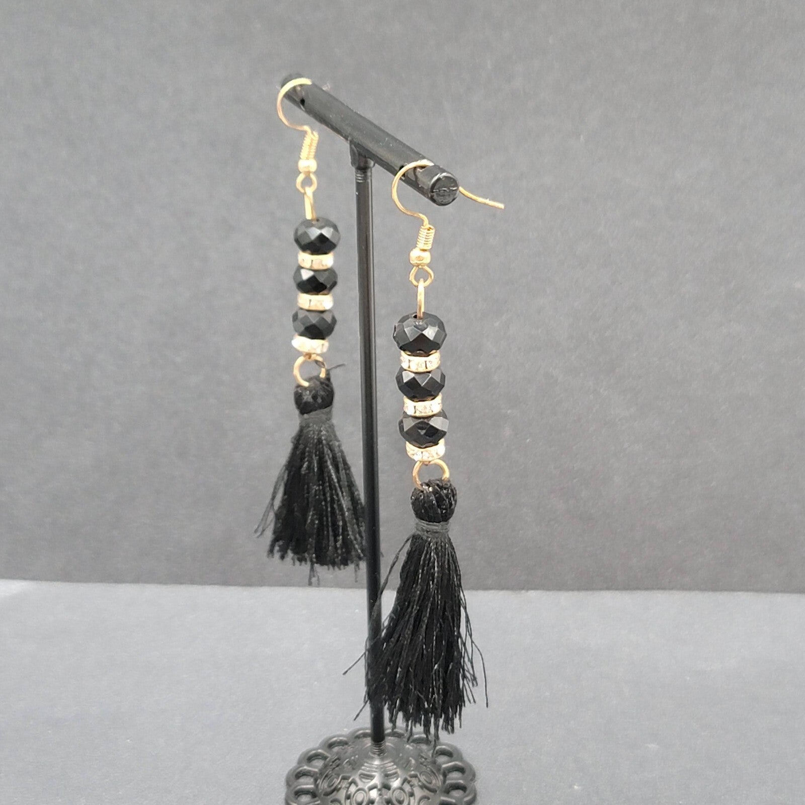 Black Tassel Pierced Earrings Gold tone Rhinestone Beads 3"
