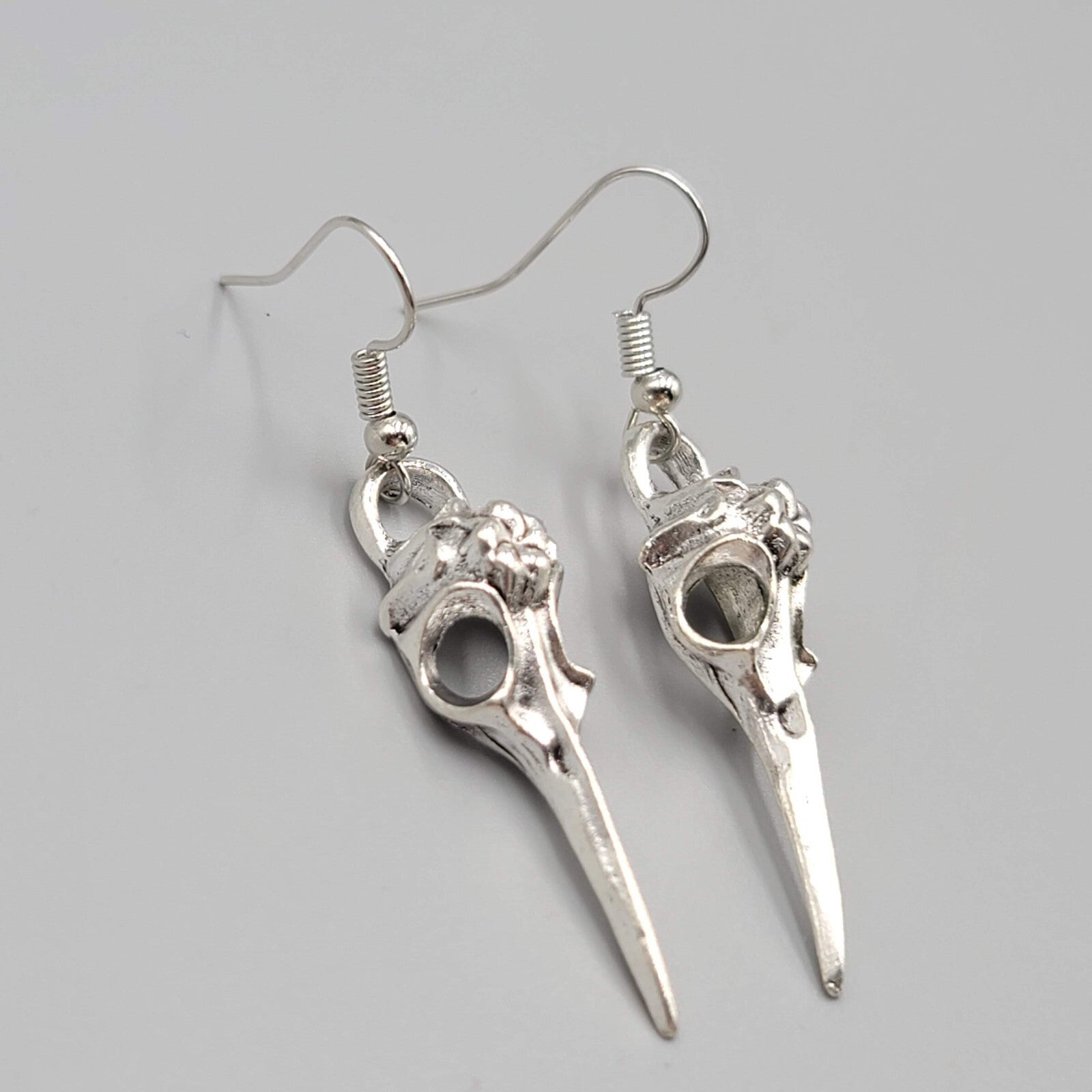 Bird Skull Pierced Earrings Silver tone Dangle New 1.5"