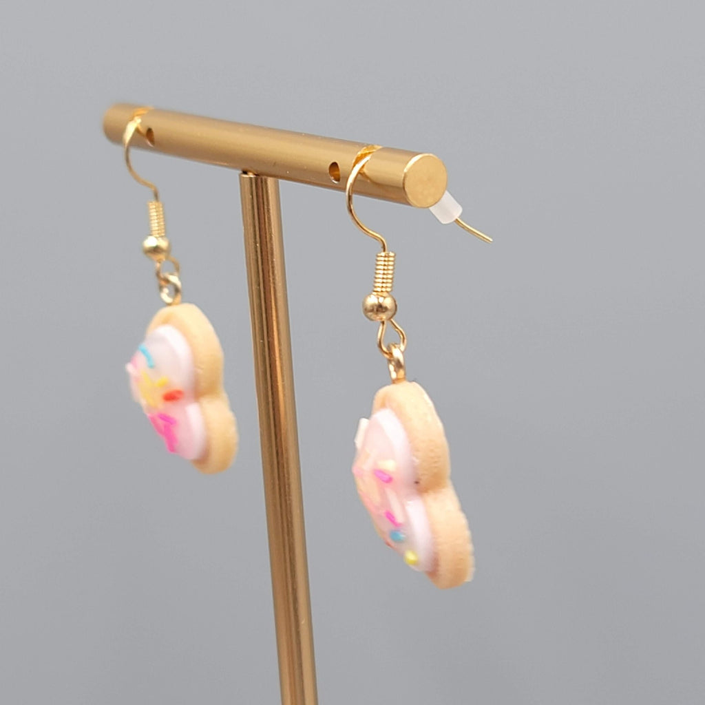 Heart Cookie Dangle Pierced Earrings Pink Frosting Sprinkles Gold tone Hook 7/8"