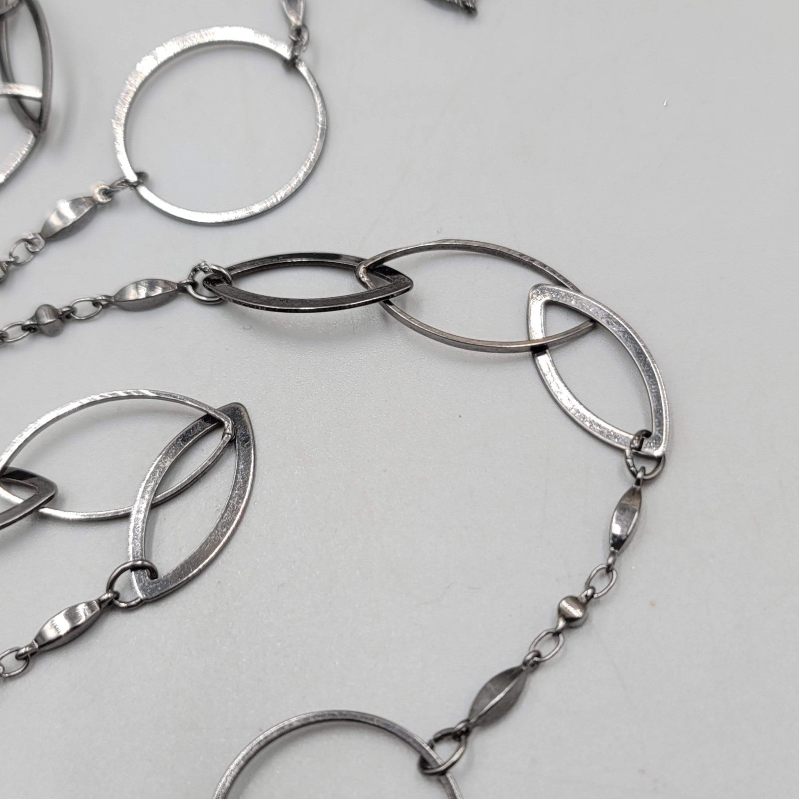 Long Thin Geometric Chain Necklace Gunmetal  Gray Black Metal 52"