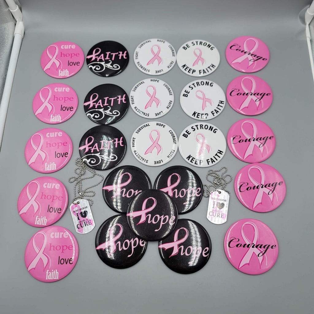 24 Breast Cancer Awareness Ribbon Logo Round 3 in Button LOT Pin Badge