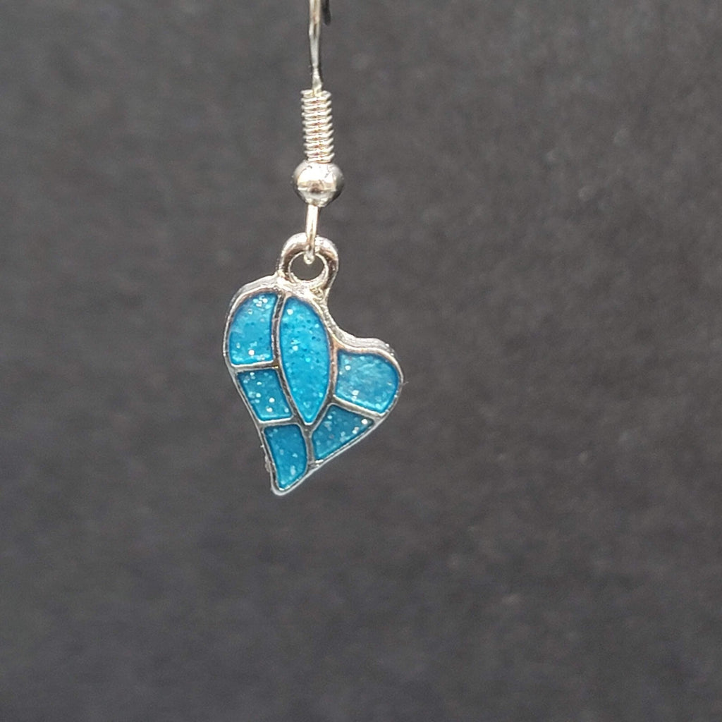 Heart Pierced Earrings Silver tone Blue Enamel Glitter Dangle 5/8"