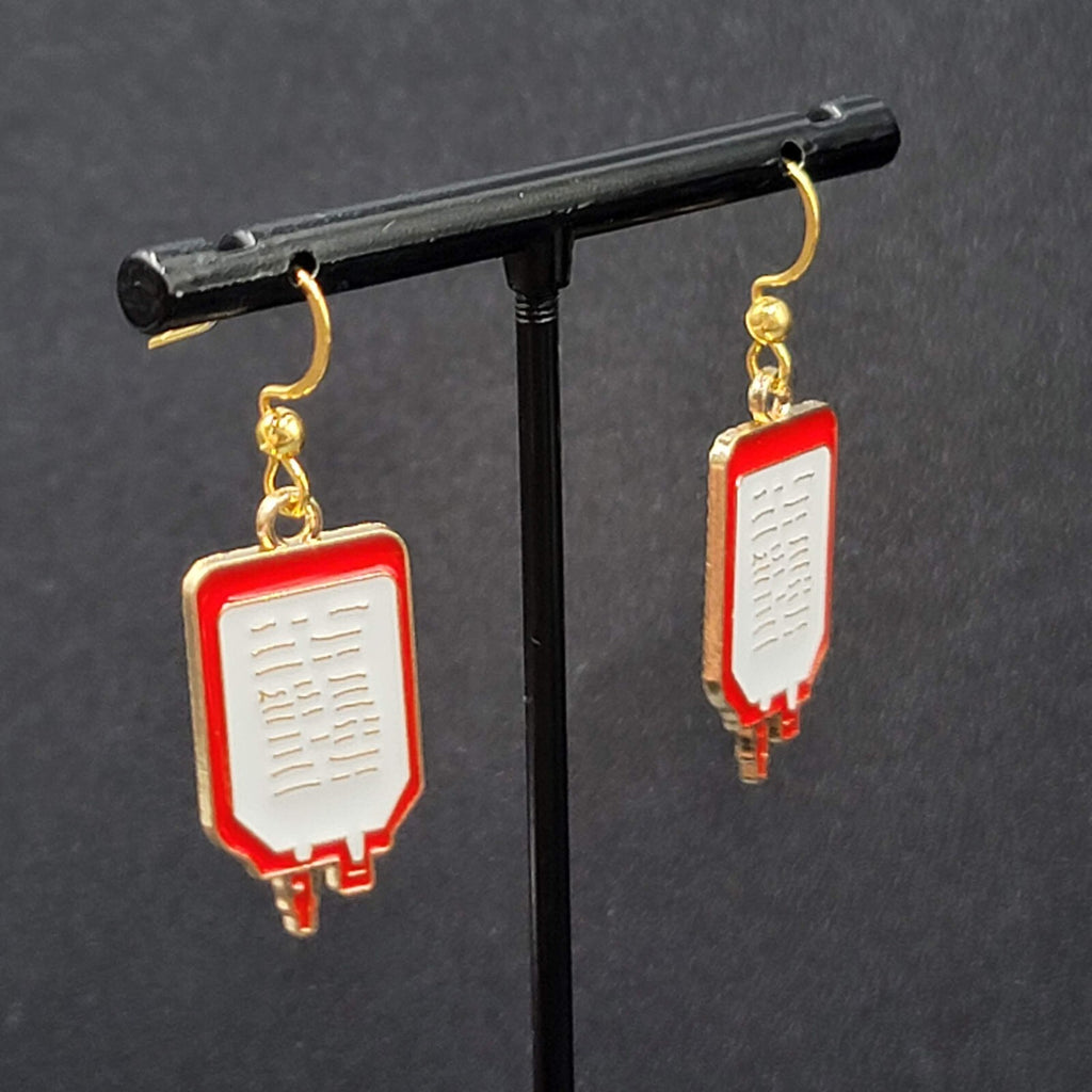Nurse Pierced Earrings Medical IV Bag Red White Enamel Gold tone Dangle 1"