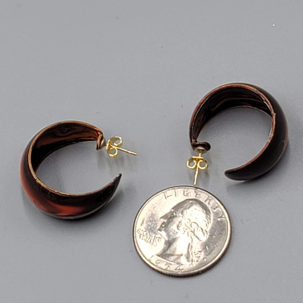 Vintage Hand Painted Swirl Wide Hoops Red Yellow Pierced Earrings 1"