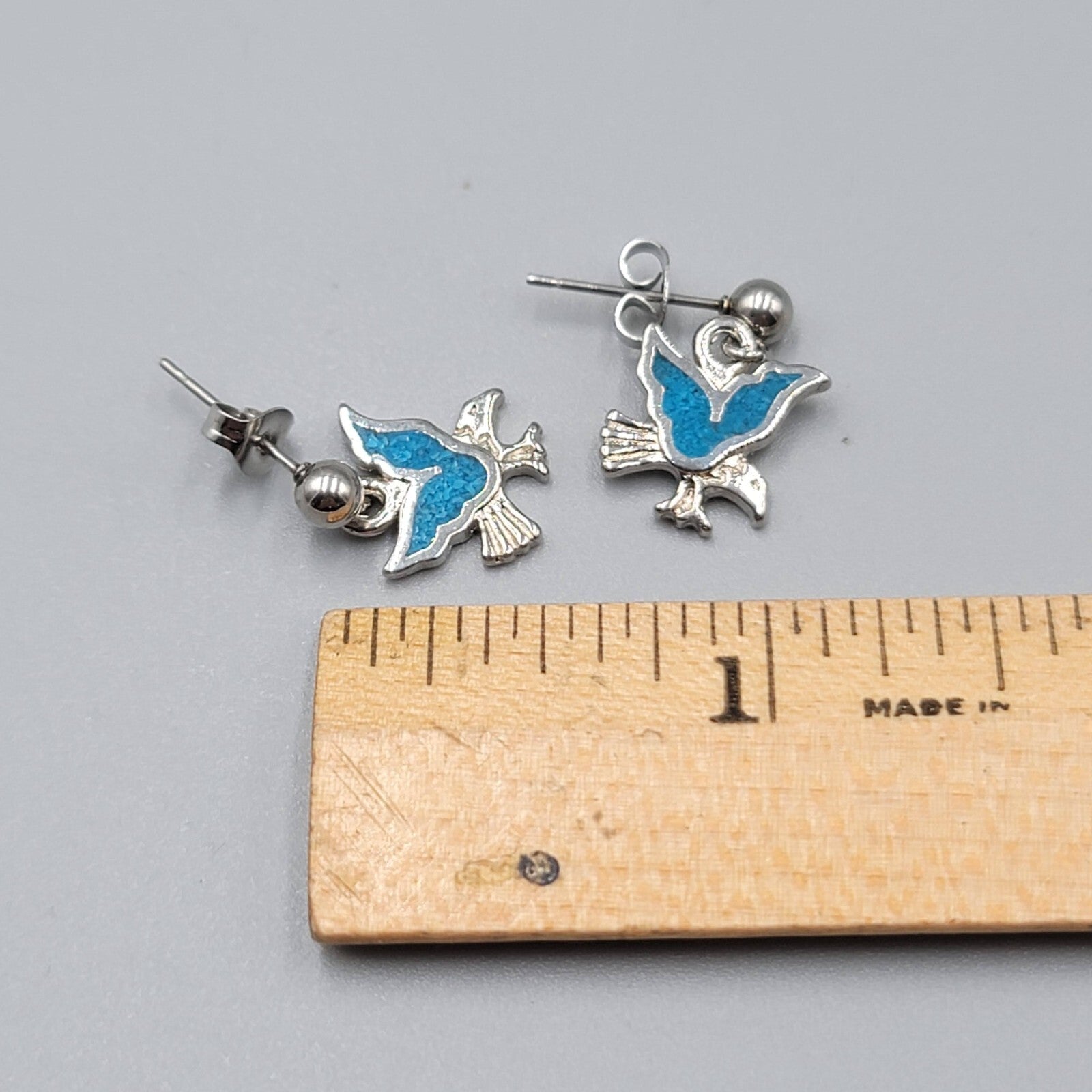 Vintage Eagle Pierced Earrings Turquoise Chip Inlay Silver tone Dangle 3/4"