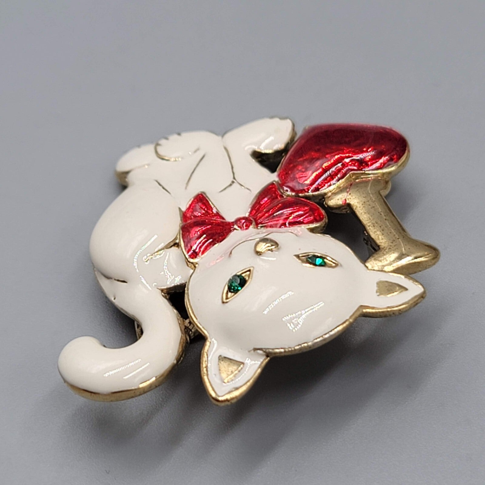 Vintage I Heart Kitty White Cat Brooch Gold tone Enamel 2"