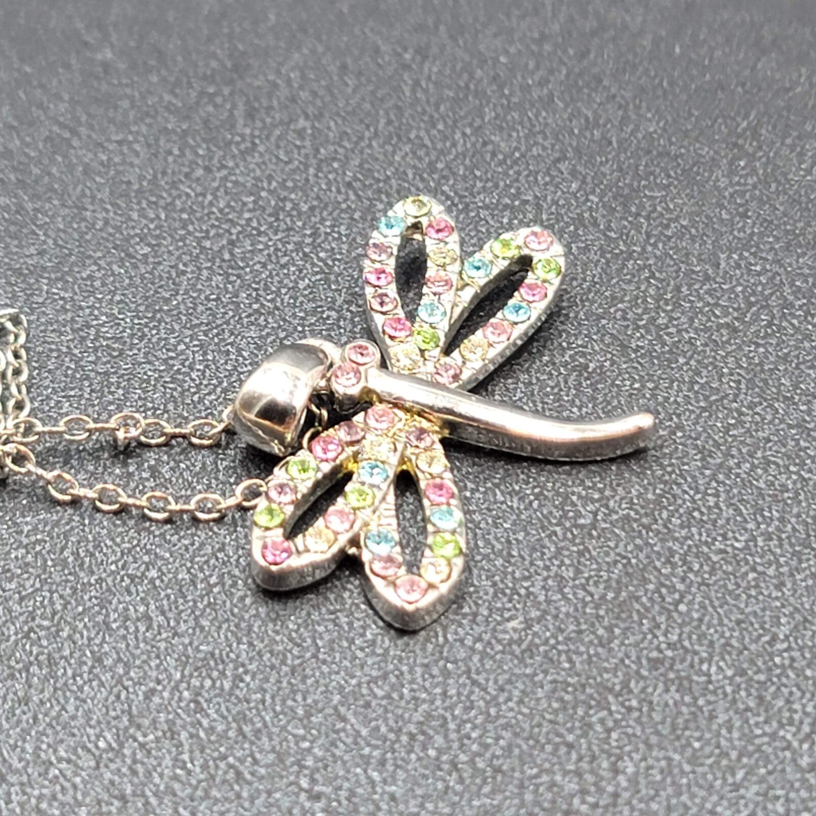 Dragonfly Necklace Multicolor Crystal Pendant Silver tone Chain 16"