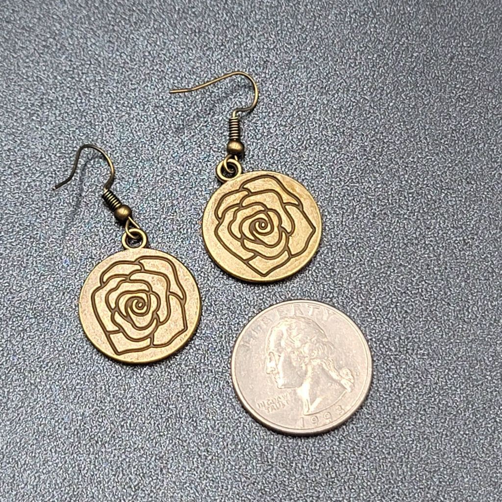 New Embossed Rose Flower Hat Pierced Earrings Bronze tone Round Dangle 1"