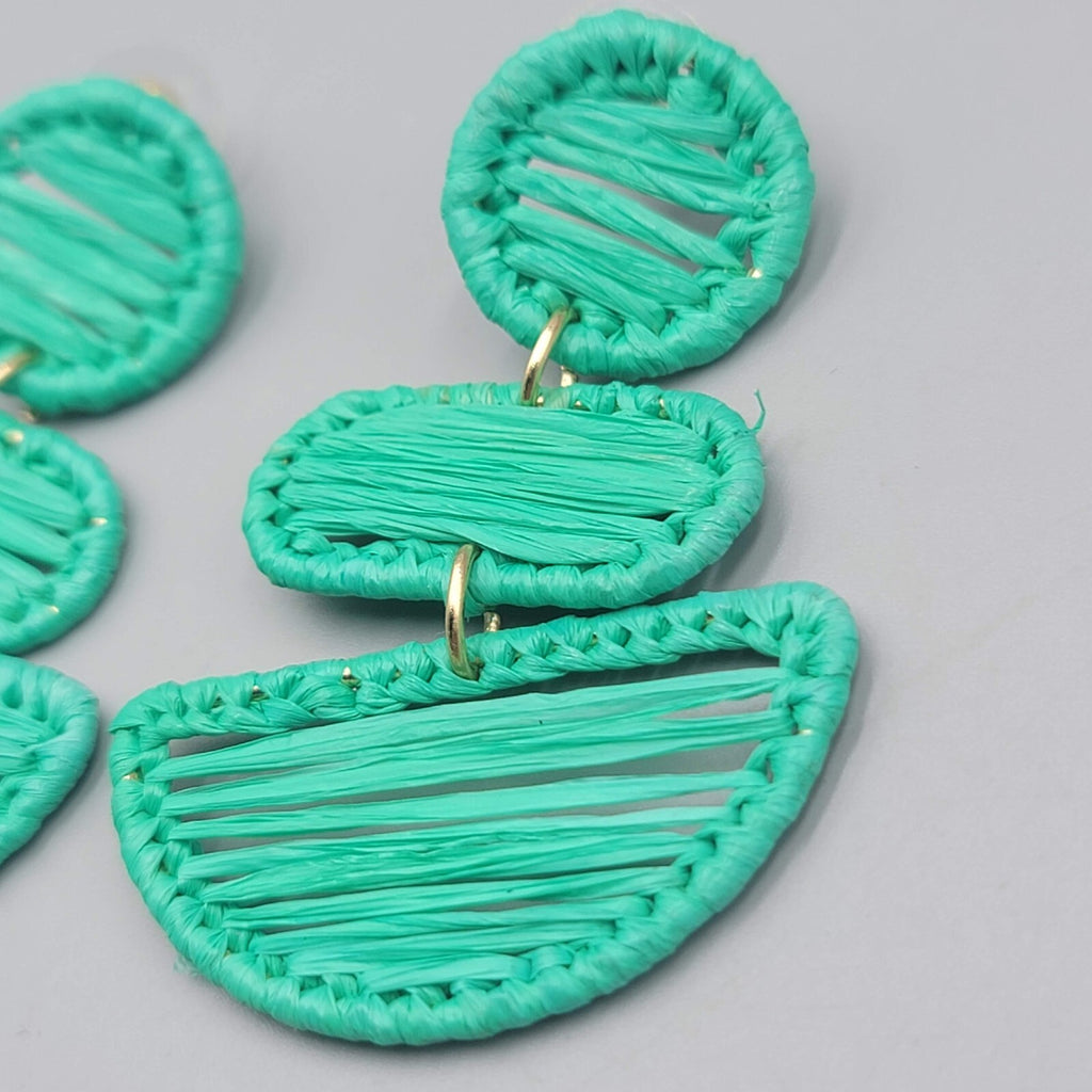 Green Rattan Pierced Earrings Statement Dangle 2.5"