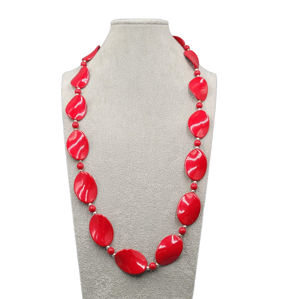 Large Red Acrylic Bead Statement Necklace 30"