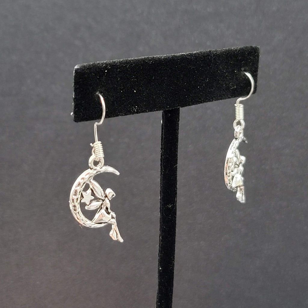 Fairy Moon Pierced Earrings Silver tone Dangle  1"