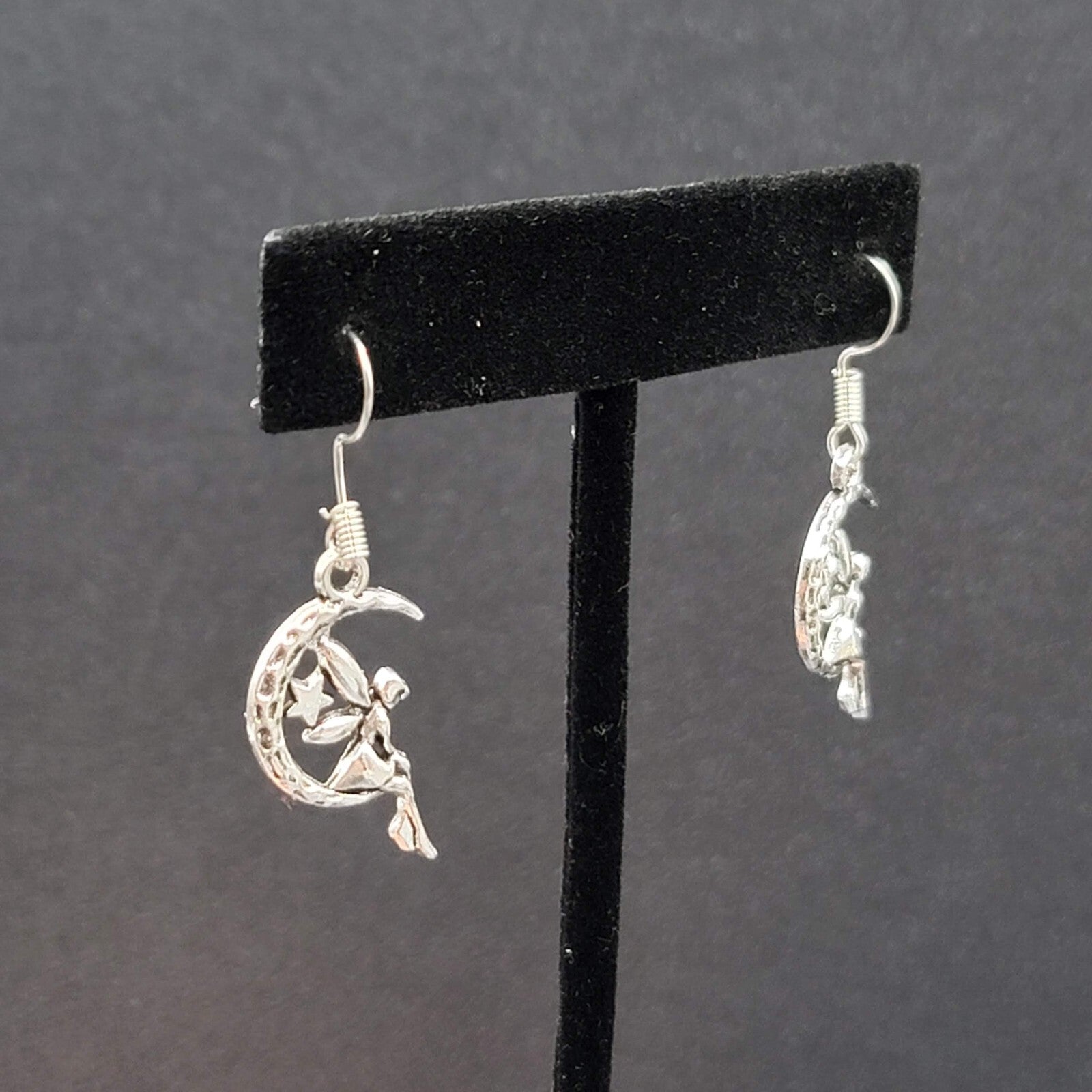 Fairy Moon Pierced Earrings Silver tone Dangle  1"