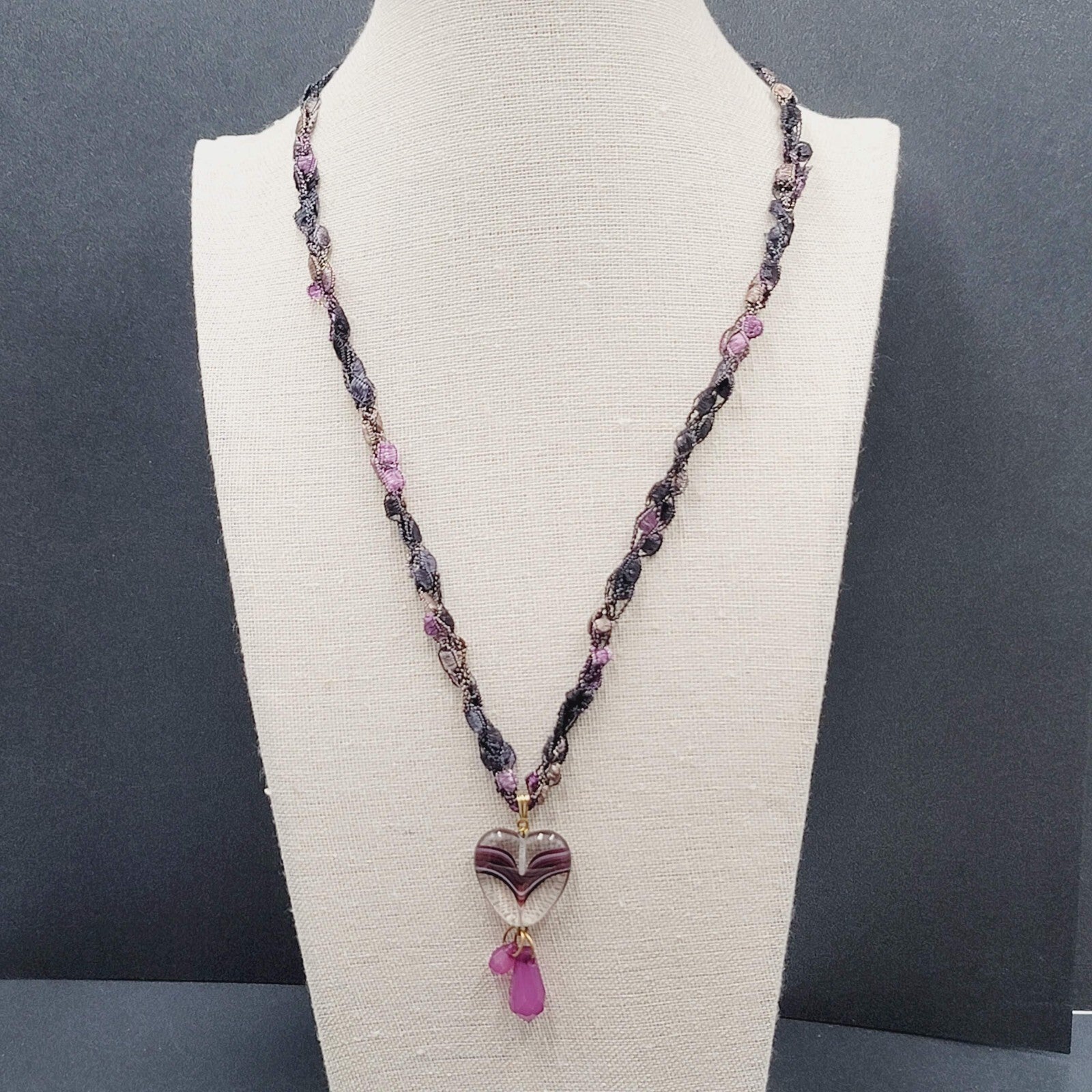 Purple Necklace Art Glass Heart Pendant 20"