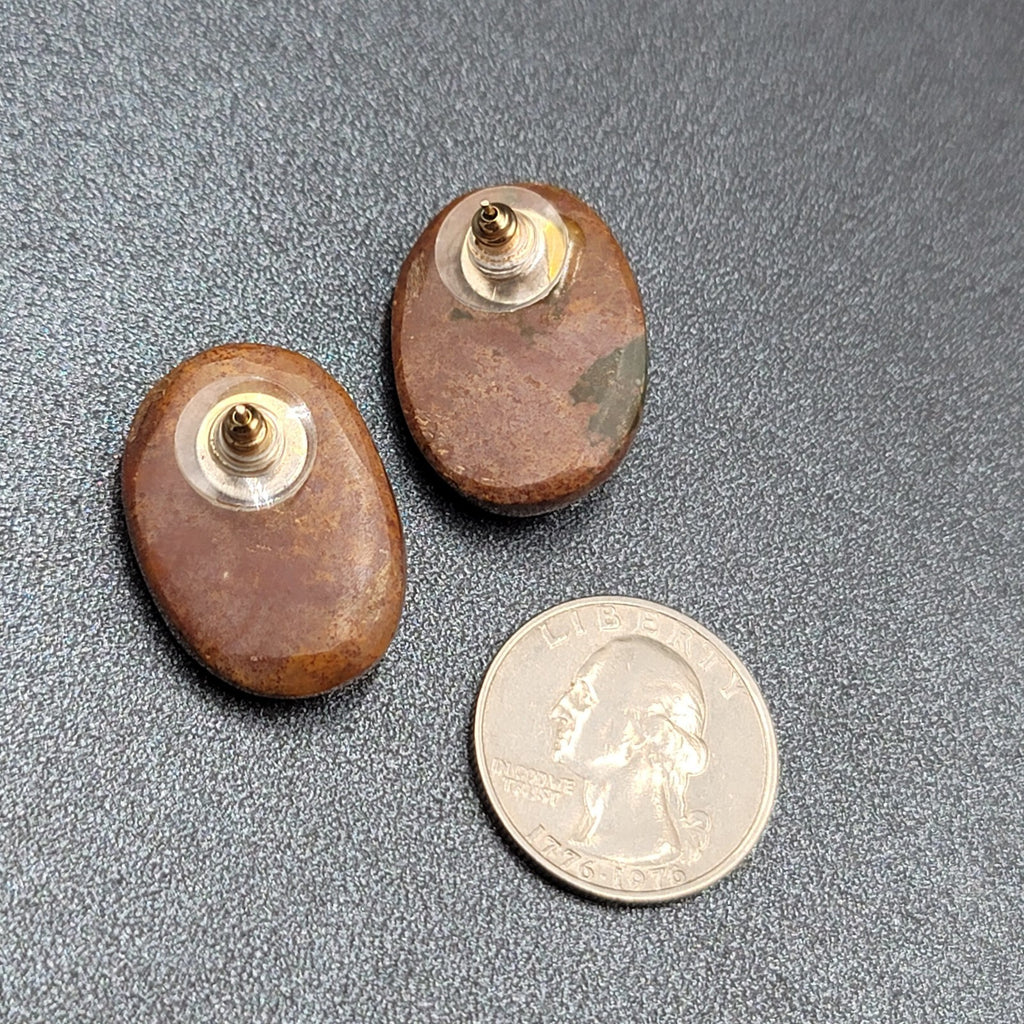 Vintage Pierced Earrings Brown Stone Oval Drop 1"