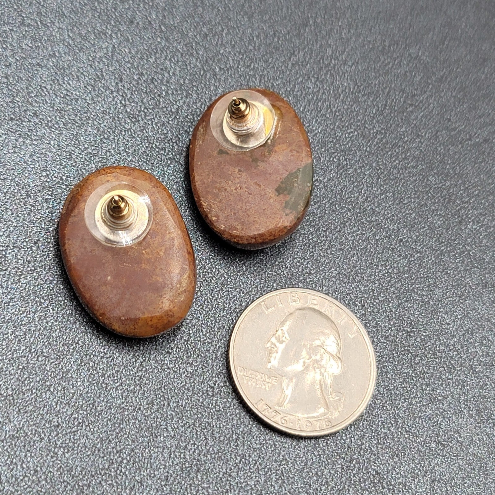 Vintage Pierced Earrings Brown Stone Oval Drop 1"