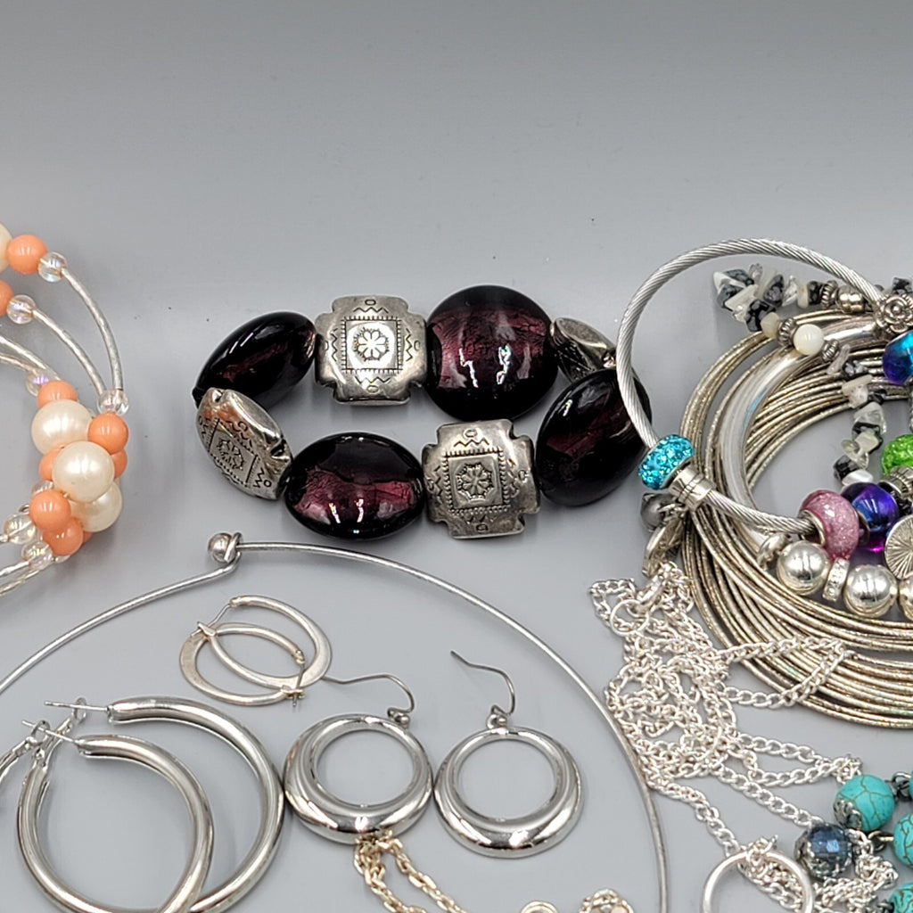 Silver tone Fashion Jewelry Lot of 39 Necklace Bracelets Earrings All Wearable