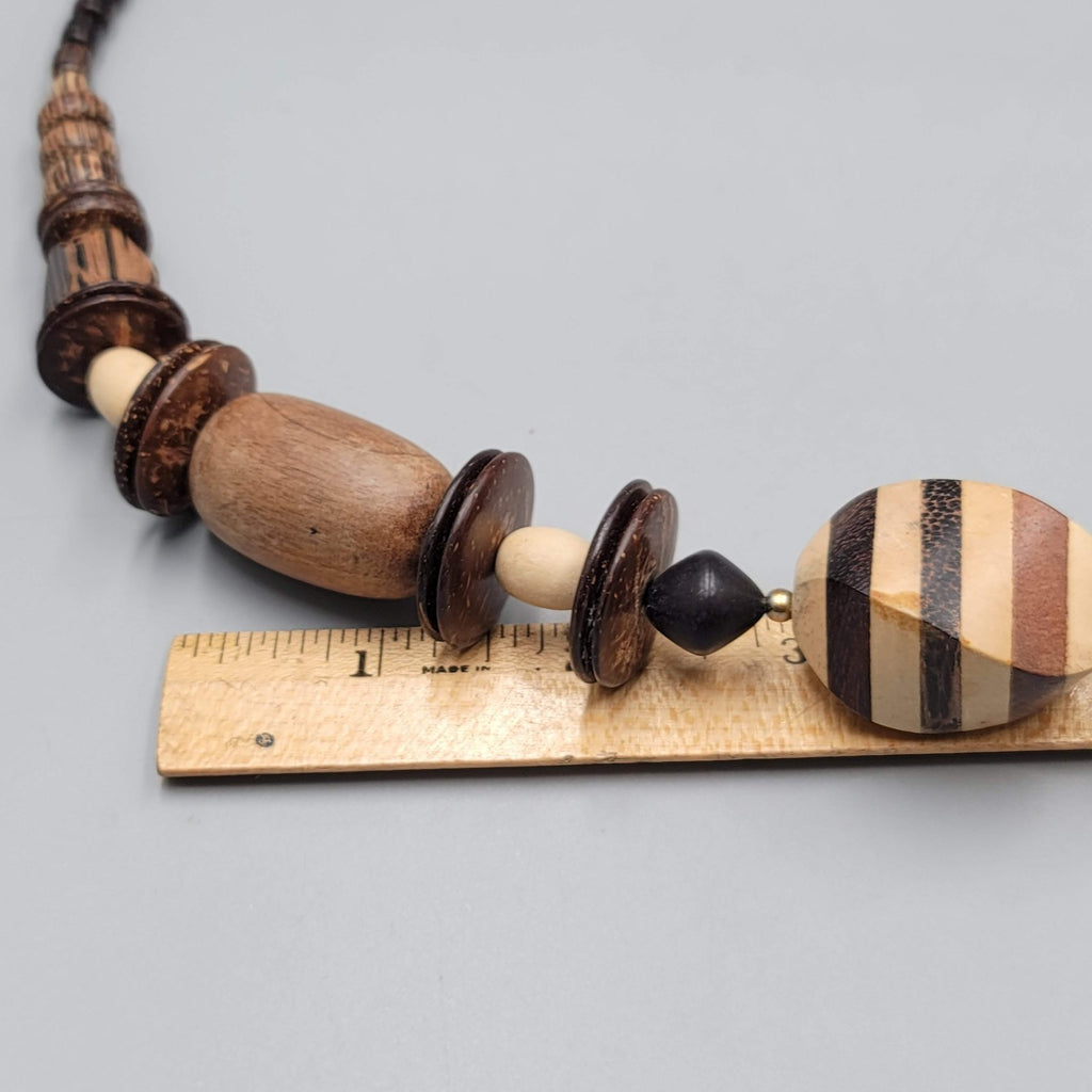 Vintage Large Wood and Coconut Bead Statement Necklace 24"