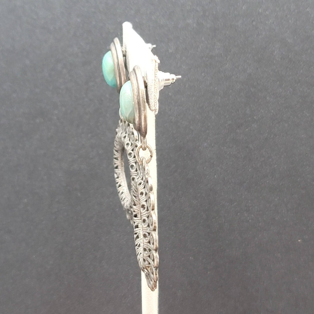 Pierced Earrings Silver tone Faux Acrylic Turquoise Dangle 2 3/8"