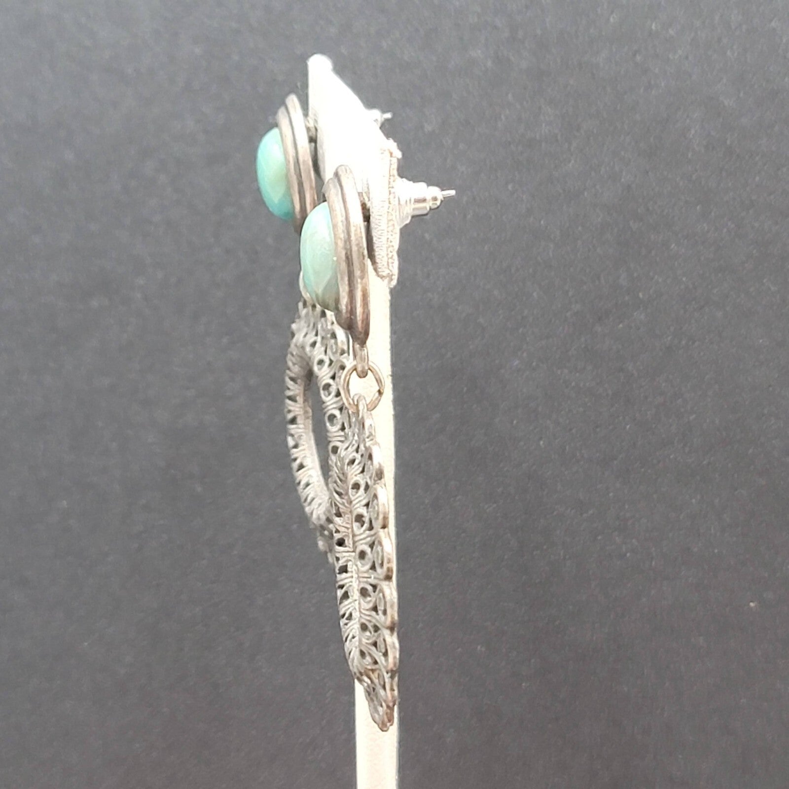Pierced Earrings Silver tone Faux Acrylic Turquoise Dangle 2 3/8"