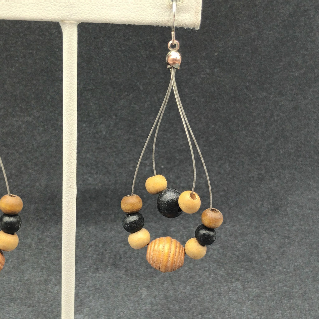 Pierced Earrings Silver tone Wood Beaded Wire Loop Dangle 2 3/8"