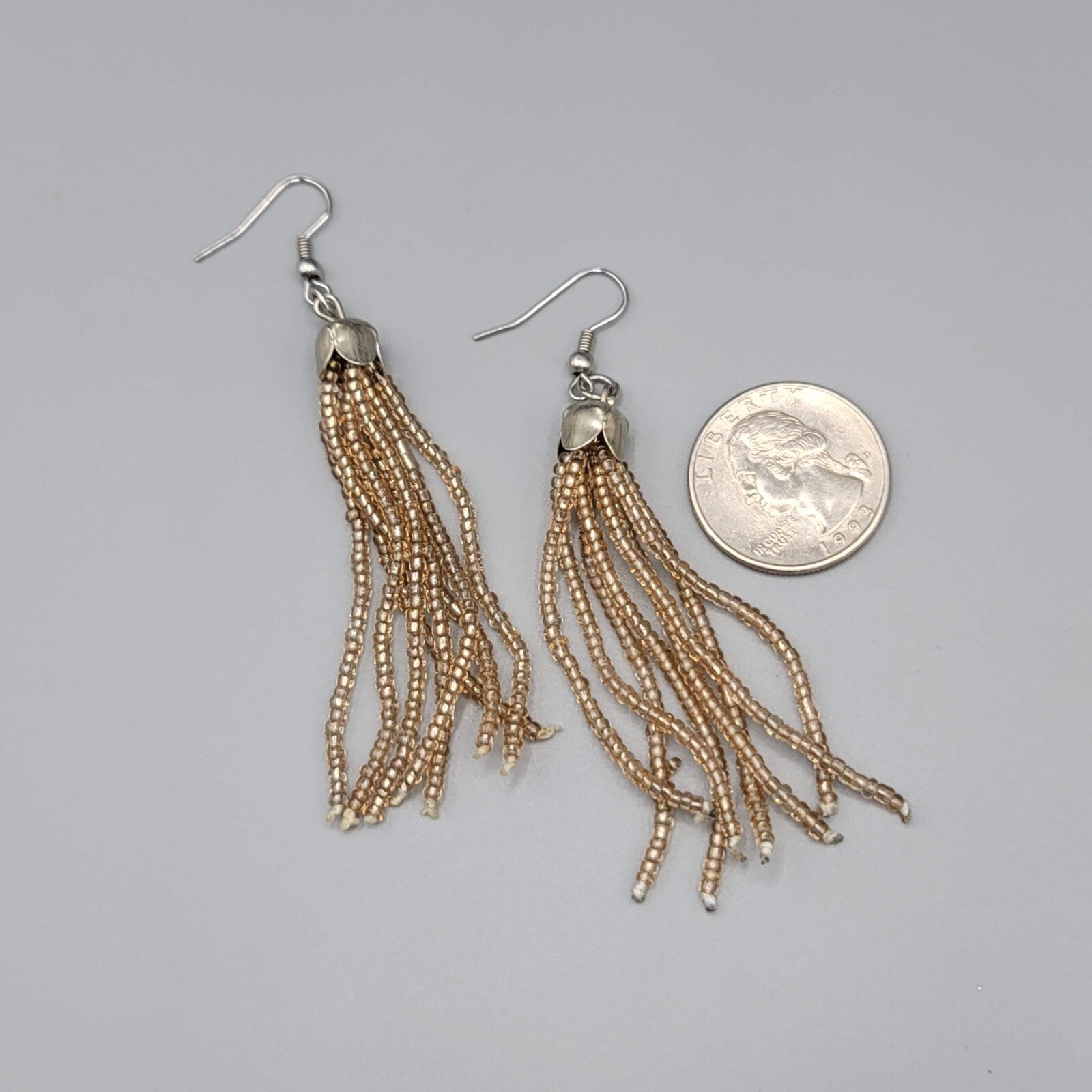 Tassel Pierced Earrings Silver tone Clear Tan Seed Bead Dangle 2.75"