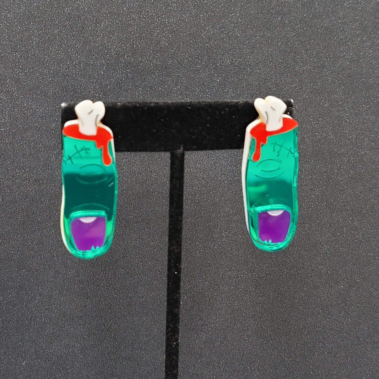 Pierced Earrings Halloween Zombie Finger Drop Acrylic 1.75"