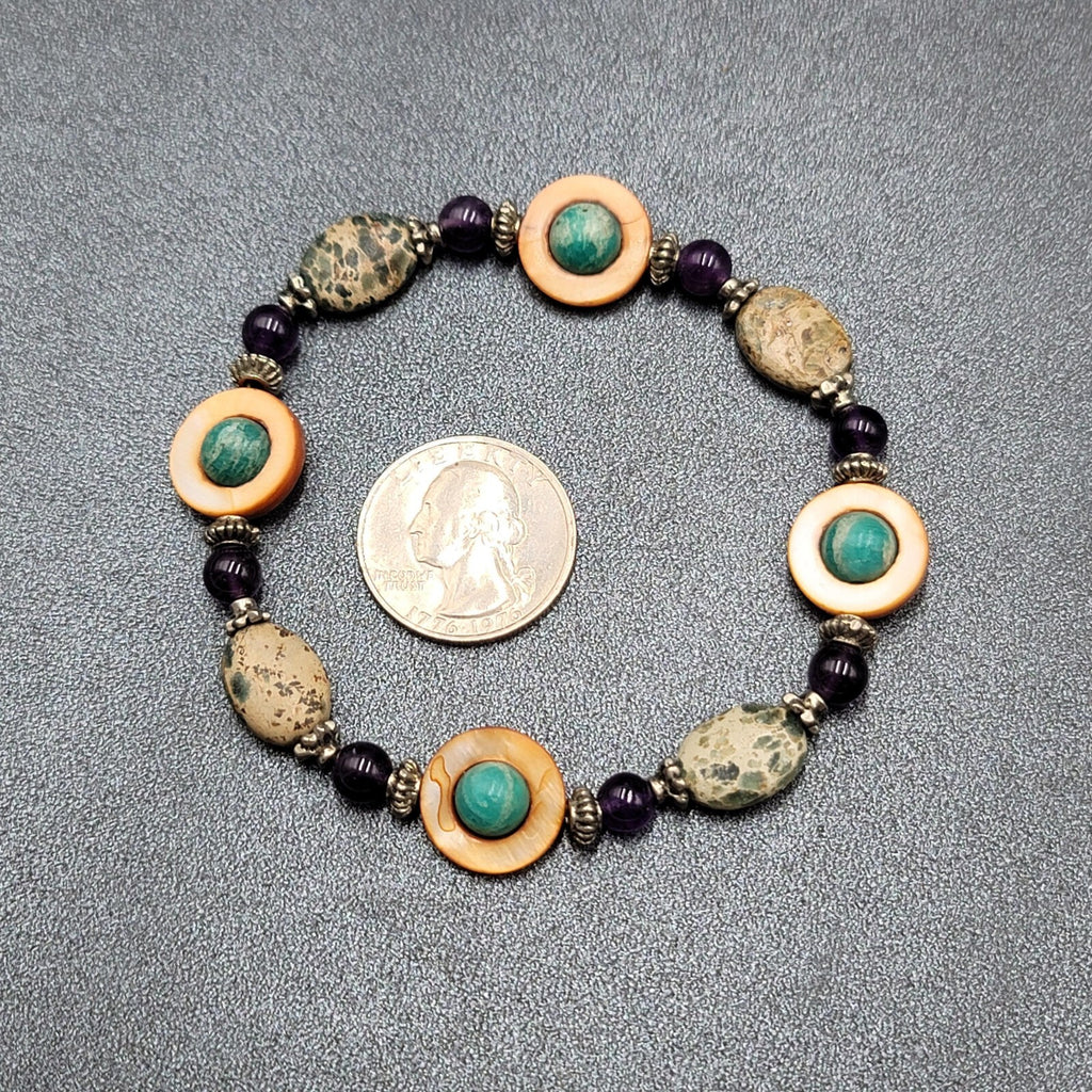 Multi Gemstone Beaded Bracelet Jasper Amethyst Shell Elastic 8.5"