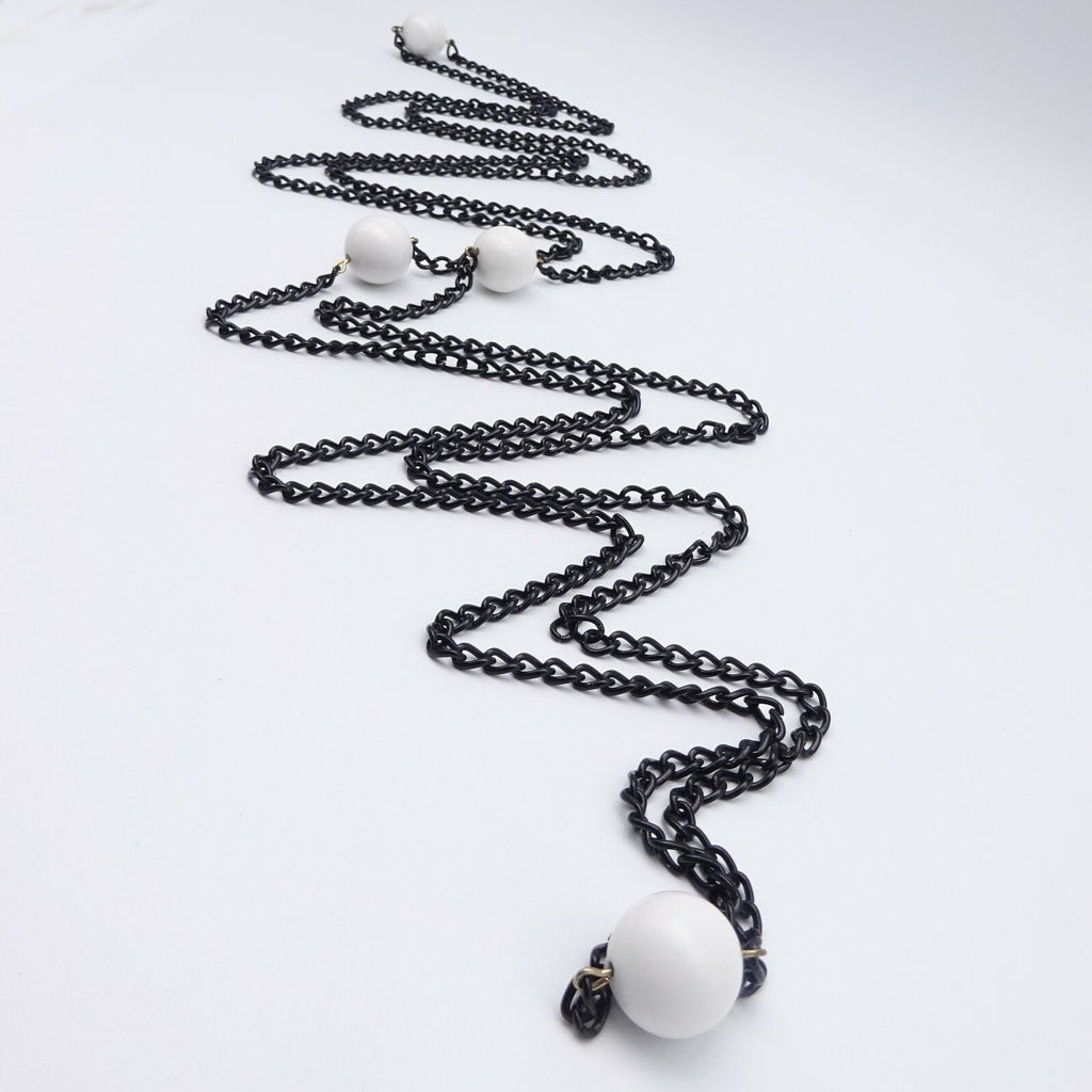 Vintage Black Chain & White Bead LONG Necklace Estate Costume Jewelry 88"