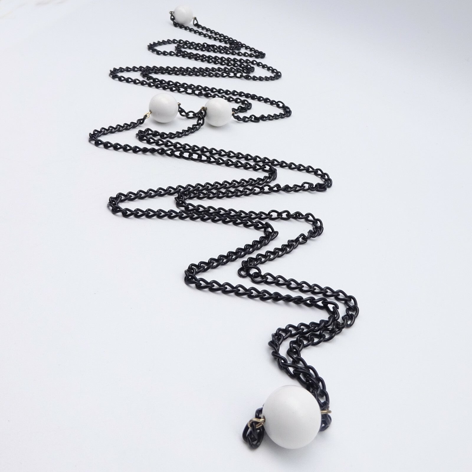 Vintage Black Chain & White Bead LONG Necklace Estate Costume Jewelry 88"