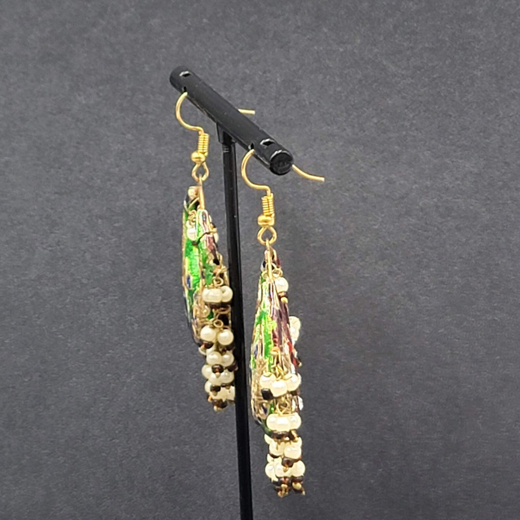 Pierced Earrings Ethnic Gold tone Red Green Beaded 1.75"