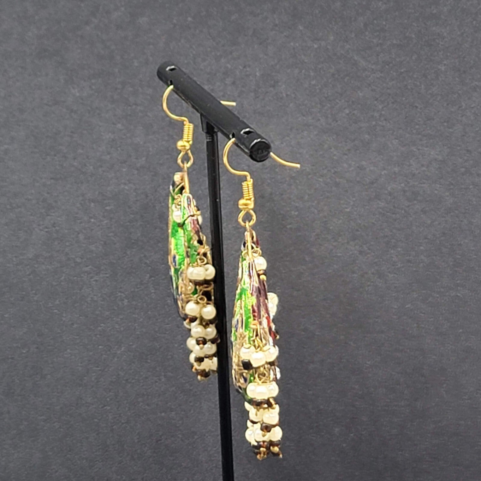 Pierced Earrings Ethnic Gold tone Red Green Beaded 1.75"