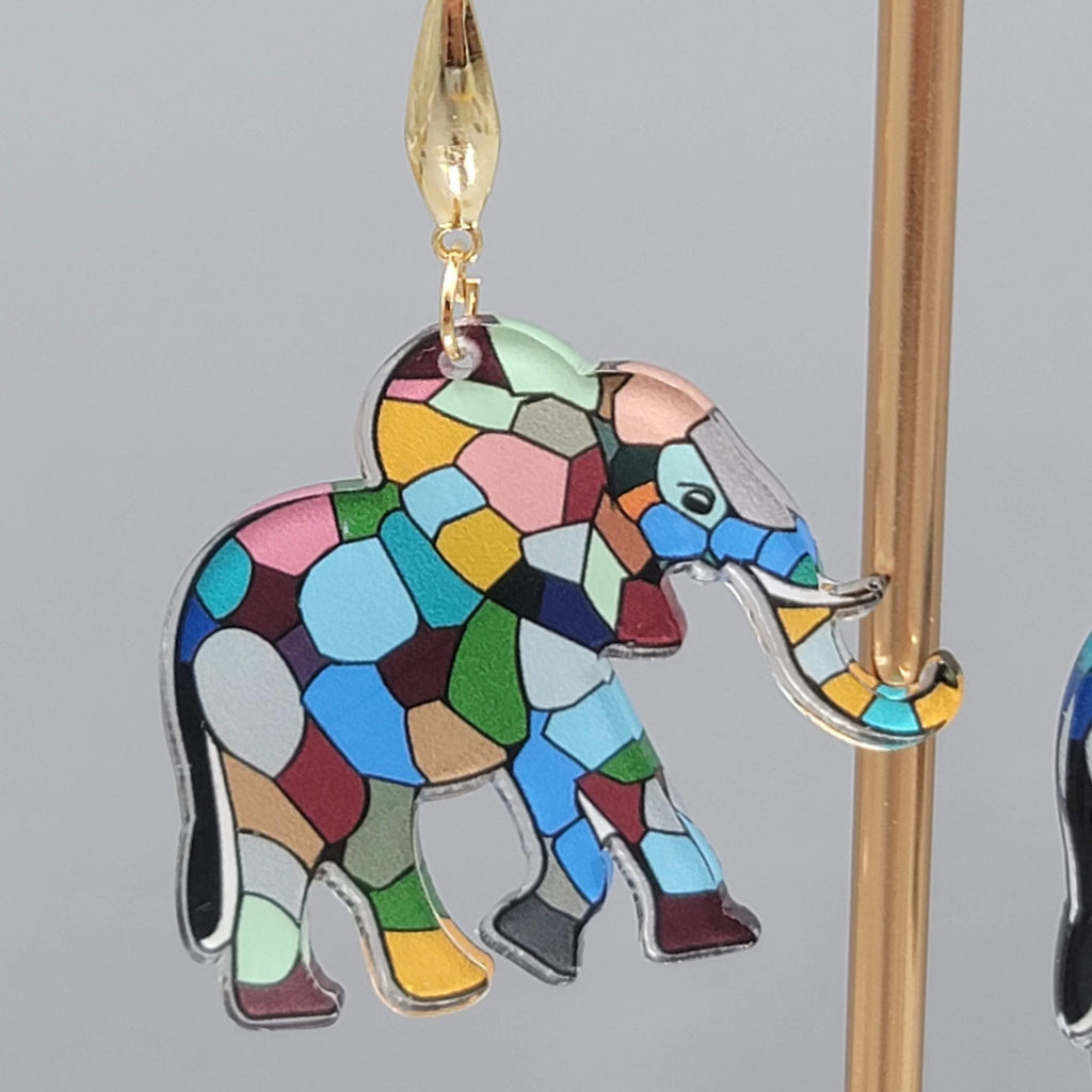 Multicolor Mosiac Elephant Pierced Earrings Acrylic Dangle Gold tone Hook 1 3/8"