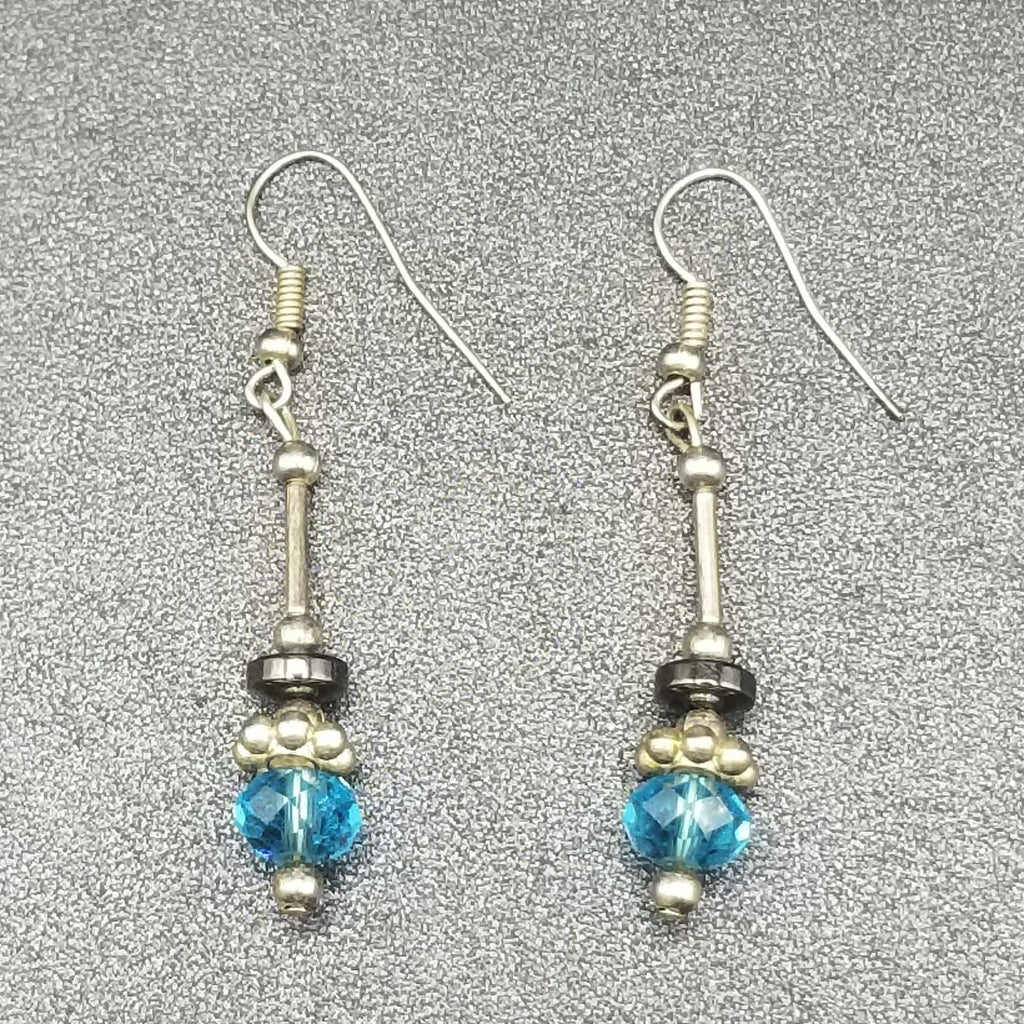 Pierced Earrings Silver tone Blue Faceted Crystal Hematite Bead Dangle 1 1/4"