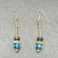 Pierced Earrings Silver tone Blue Faceted Crystal Hematite Bead Dangle 1 1/4"