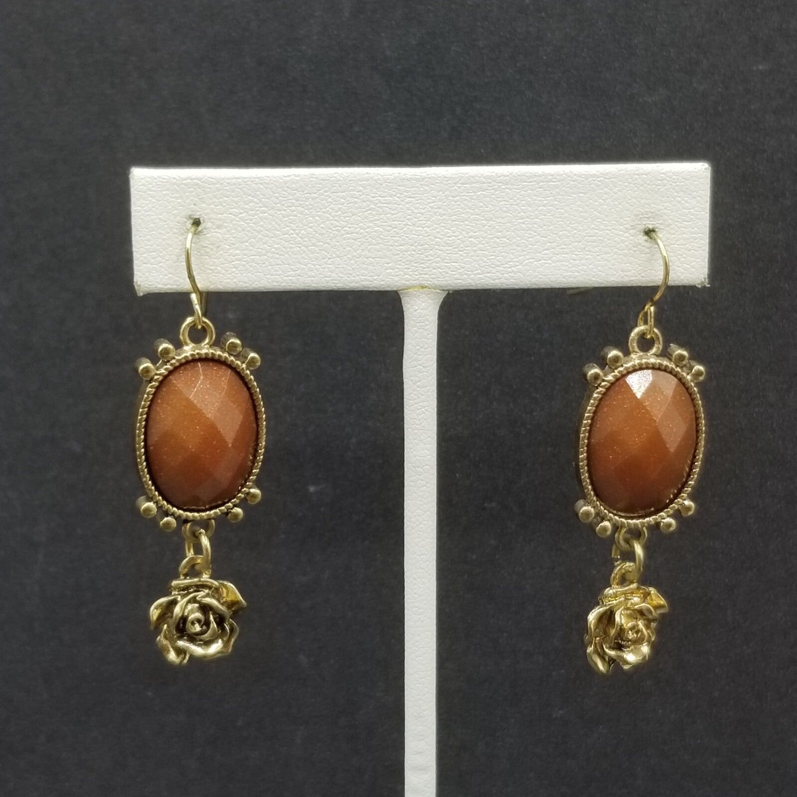 Pierced Earrings Gold tone Brown Sparkle Acrylic Flower Dangle 1 3/4"