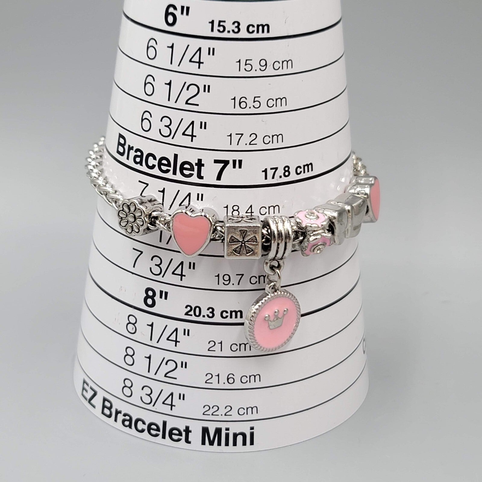 Slide Charm Bracelet Pink Enamel Hearts Beads Silver tone  7.25 in