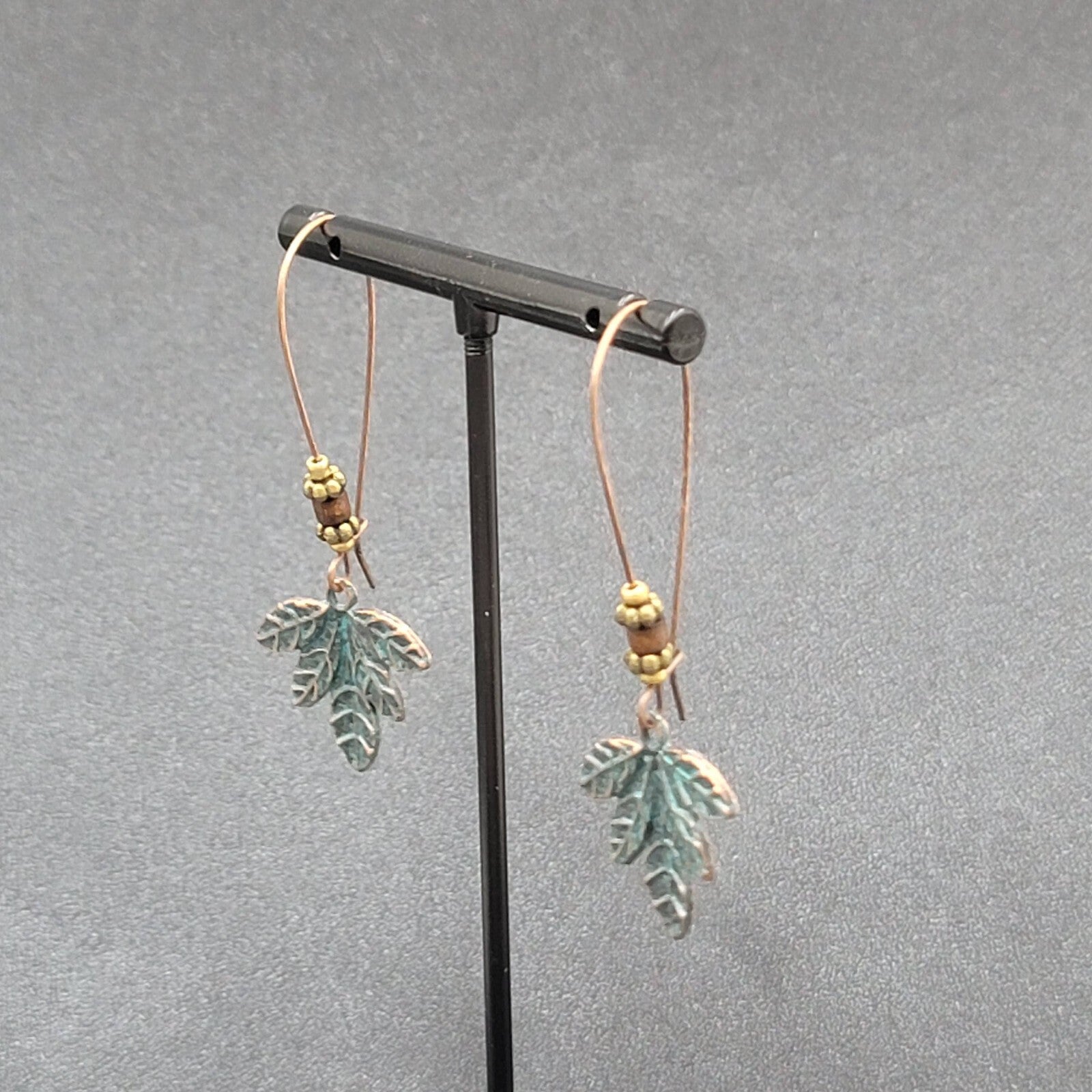 Pierced Earrings Bronze tone Green Patina Leaf Beaded Dangle 2.25"