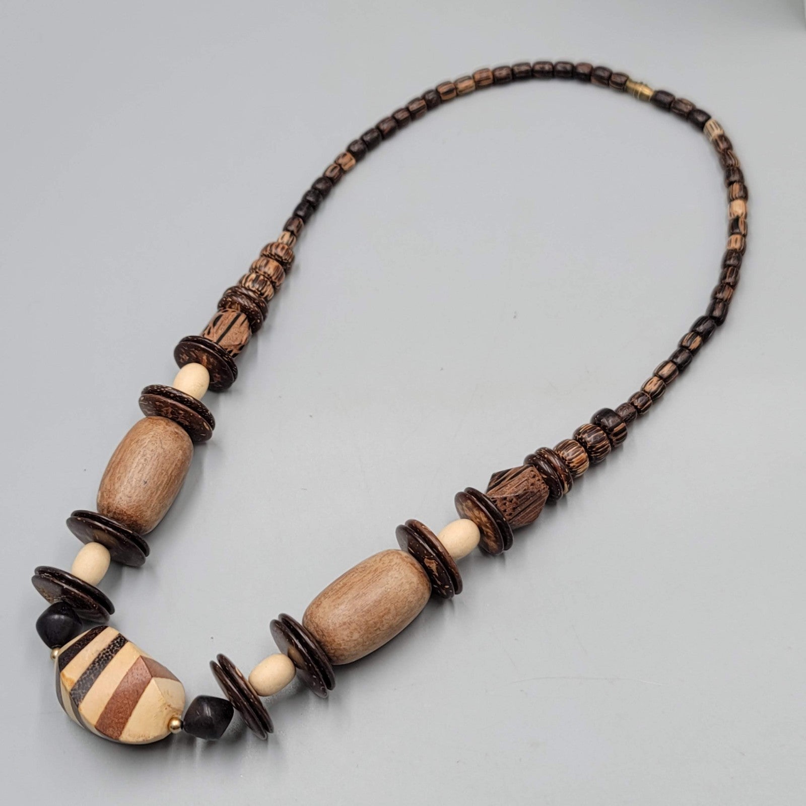 Vintage Large Wood and Coconut Bead Statement Necklace 24"
