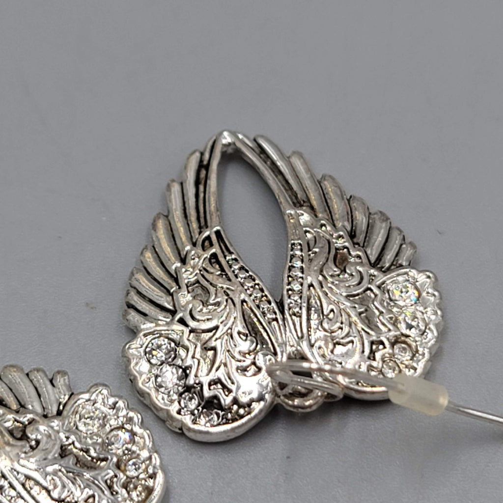 Crystal Angel Wings Pierced Earrings Silver tone Dangle 1"