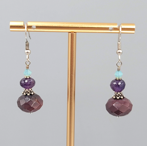 Crystal Amethyst Agate Bead Pierced Earrings Silver tone Dangle 1 in