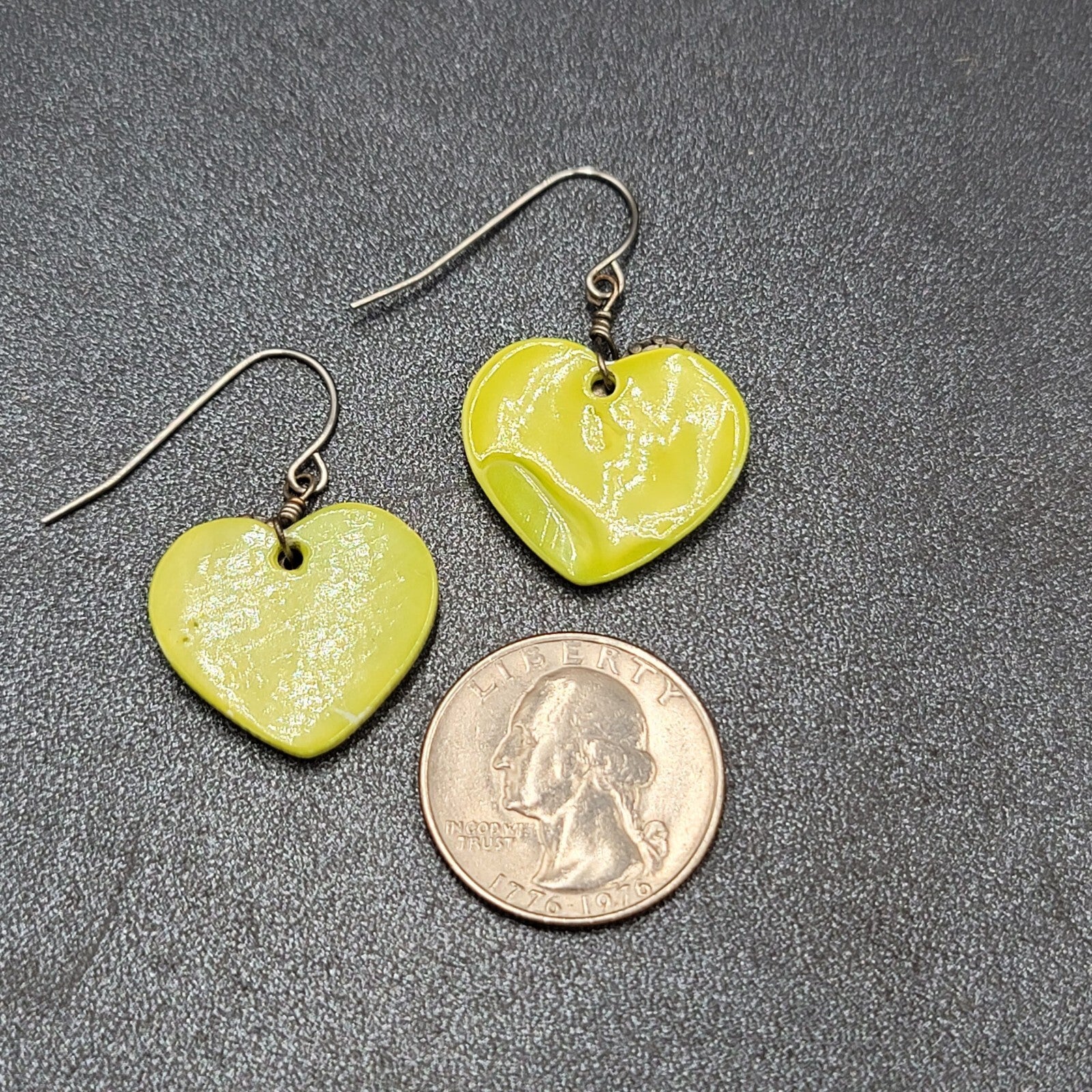 Vintage Heart Pierced Earrings Green Shell Silver tone Layered Dangle 3/4"