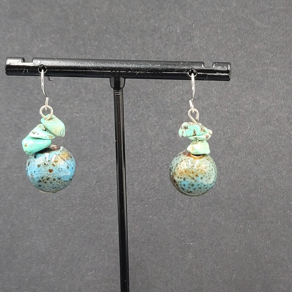 Pierced Earrings Silver tone Turquoise Bead Pottery Bead Dangle  1"