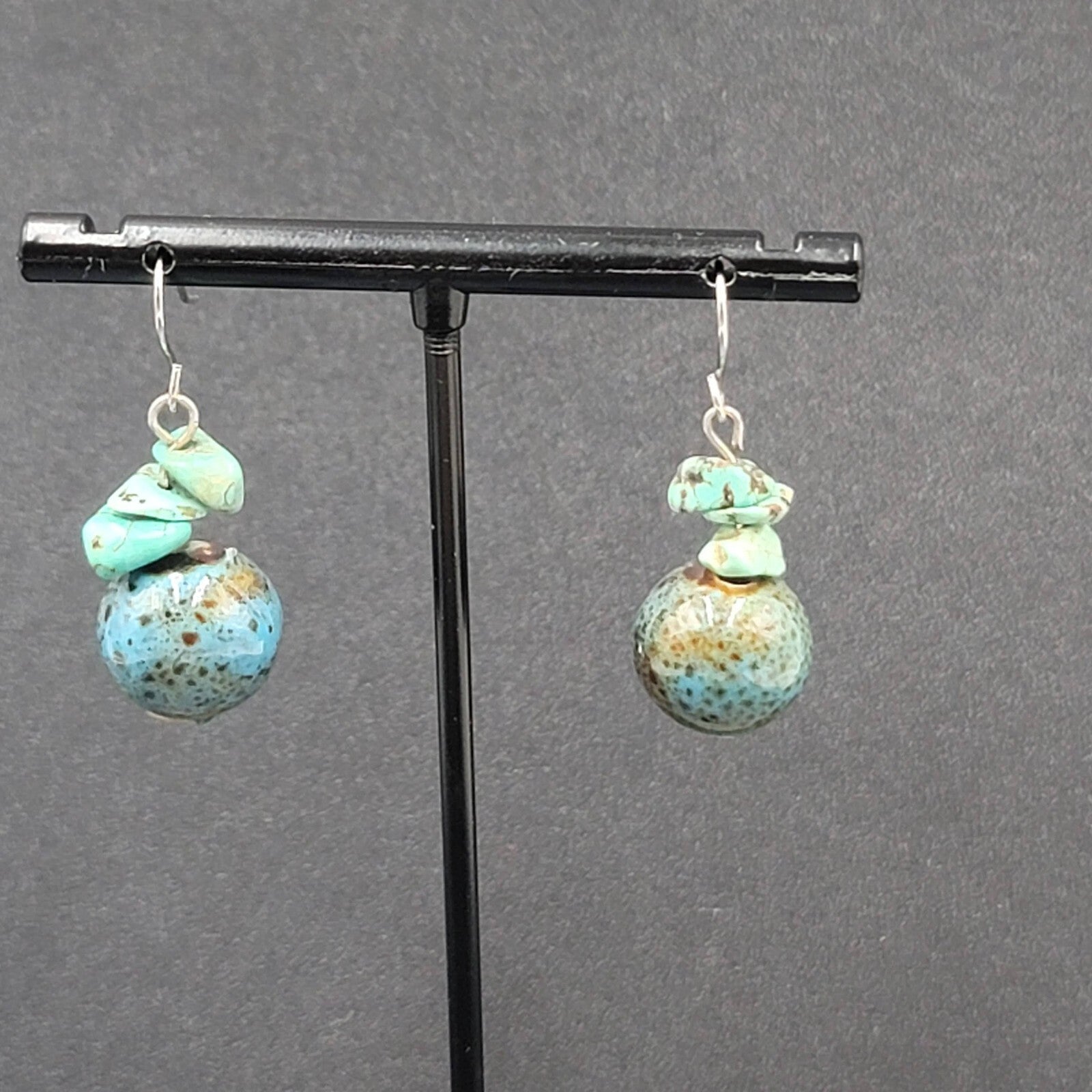 Pierced Earrings Silver tone Turquoise Bead Pottery Bead Dangle  1"